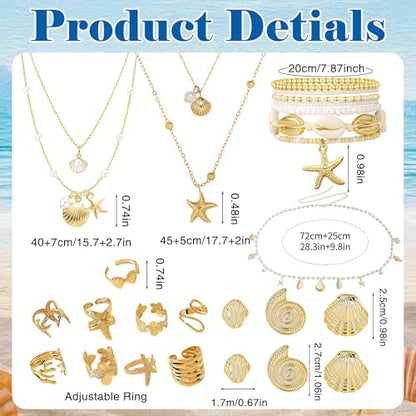 Boho Beach Jewelry Sets for Women | Summer Seashell Starfish Accessories, Necklace, Earrings, Rings Anklet - style: 24pcs Ocean Beach Set