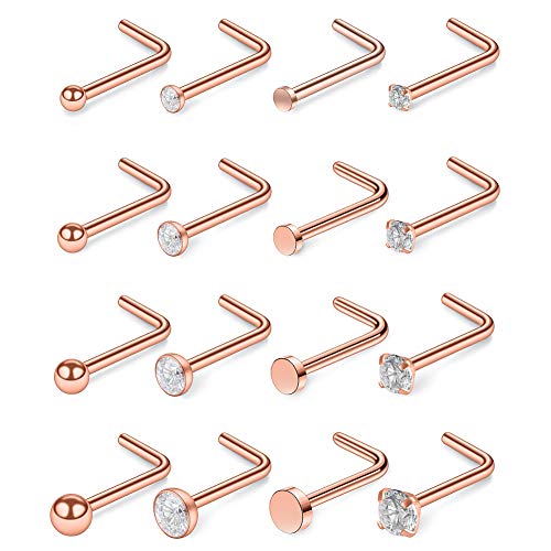 SCERRING 18G Stainless Steel L-Shaped Nose Stud Rings Tragus Lip Hoop Piercing Jewelry 1.5-3mm Clear CZ 8-30PCS - color: 16PCS - Rose Gold