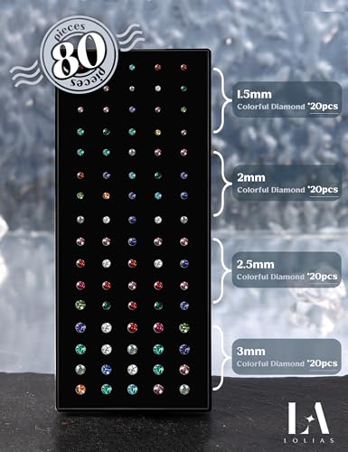LOLIAS 80-160Pcs Surgical Steel Nose Rings Studs for Women Hypoallergenic | Straight or L Shaped Small Nose Studs Pin,Hypoallergenic 20G 22G Tiny Bone Nose Piercing Jewelry, 1.5/2/2.5/3 mm CZ Mix - color: 80Pcs 20G L shaped（multicolor）