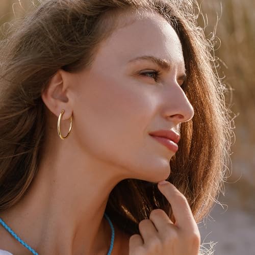 Gold Hoop Earrings for Women 14K Gold Plated | 925 Sterling Silver Post Hypoallergenic Hoop Earrings - color: Gold, size: 30mm