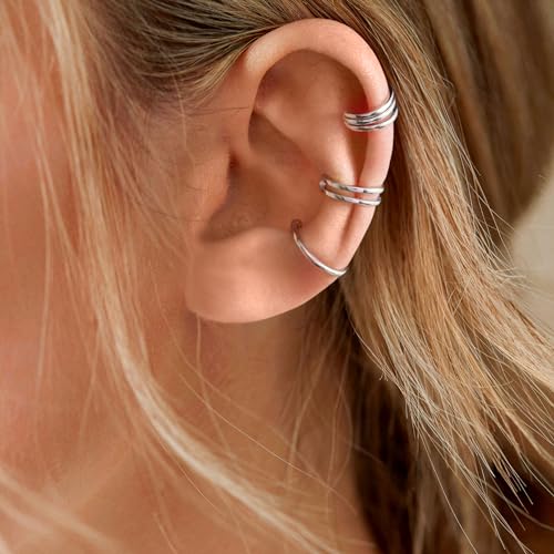 CHIC & ARTSY Sterling Silver Ear Cuff Set - Hypoallergenic, Simple, Adjustable No Piercing Clip on Earrings - color: #3 silver