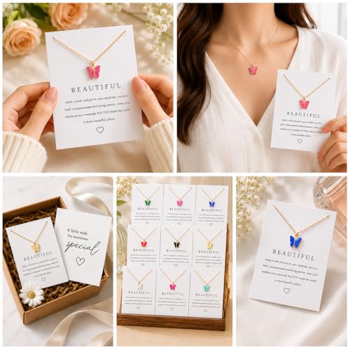 Rrdaily 9 Pcs Dainty Colorful Butterfly Pendant Necklace Set for Women,Bohemian Acrylic Butterfly Chain Necklace Cute Jewelry Gift - style: White Brown