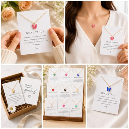 Rrdaily 9 Pcs Dainty Colorful Butterfly Pendant Necklace Set for Women,Bohemian Acrylic Butterfly Chain Necklace Cute Jewelry Gift - style: White Brown