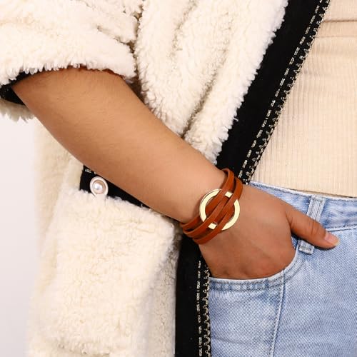 hotoo Circle Charm Bracelets for Women Handmade Leather Wrap Bracelets for Couples Friendship Bracelet Bohemian Cuff Bangle Boho Jewelry Gift - color: New Brown