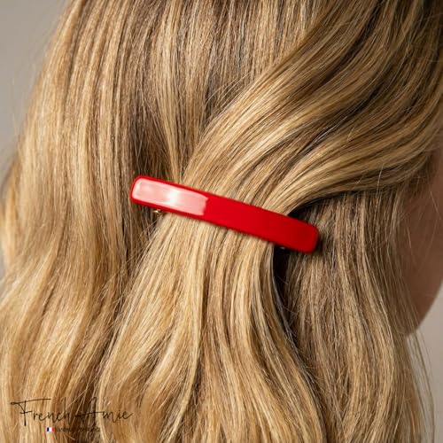 French Amie Bar Red Small 2 1/4 Inch Cellulose Acetate Hair Clip Barrette | Handmade Metal Clasp Rectangular For Fine Hair Bangs Half Up Styling Women Girls - color: Red