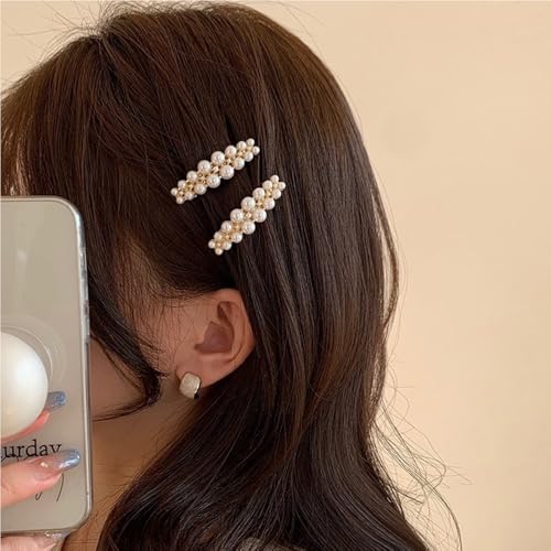 Pearl Hair Clips for Women, Fancy Gold Barrettes, Elegant Pearl Hair Accessories, Small Decorative Dressy French Barrettes for Wedding Bridal Parties Banquets Proms Formal Casual Outfits 2 Pack