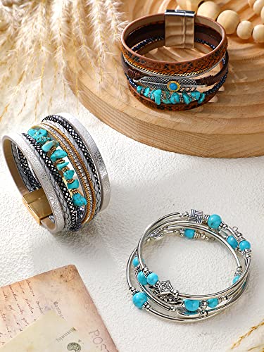 Inbagi 3 Pcs Bohemian Bracelet for Women Cowboy Chic Faux Leather Cuff Bracelet Multi Layer Western Jewelry Crystal Wristbands (Cool) - style: Cool