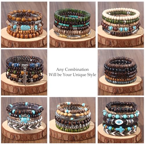 Giovanchi 41/44 PCS Wooden Beaded Bracelets for Men Larger Size Adjustable Punk Braided Wooden Bracelet Bulk Wood Bangles Wristbands Meaningful Jewelry Gift - style: Style A:44 PCS