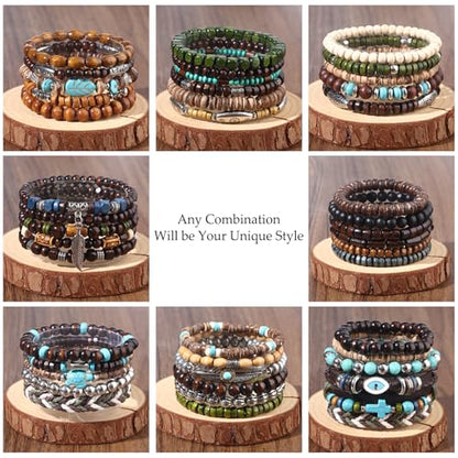 Giovanchi 41/44 PCS Wooden Beaded Bracelets for Men Larger Size Adjustable Punk Braided Wooden Bracelet Bulk Wood Bangles Wristbands Meaningful Jewelry Gift - style: Style A:44 PCS