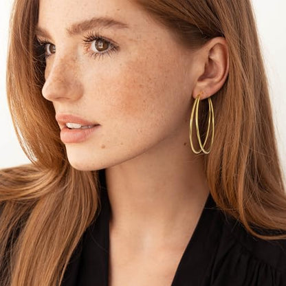 Large Thin Double Hoop Earrings for Women Lightweight Hypoallergenic 925 Sterling Silver Post 14K Gold Hoops Non Tarnish Sturdy Big Thin Double Layered Hoop Earrings 30/40/50/60mm - color: Gold, size: 50mm