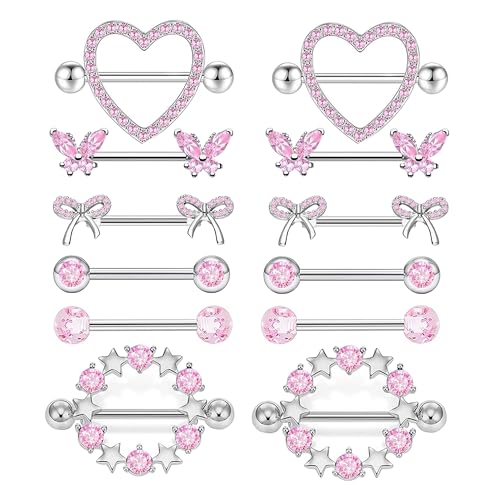 Suotarn 14G INNINipple Rings for Women 316L Stainless Steel Heart Cherry,Star Butterfly Nipple Barbell CZ Cute Nipple Rings Set Nipplerings Piercing Jewelry - color: pink