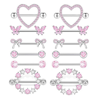 Suotarn 14G INNINipple Rings for Women 316L Stainless Steel Heart Cherry,Star Butterfly Nipple Barbell CZ Cute Nipple Rings Set Nipplerings Piercing Jewelry - color: pink