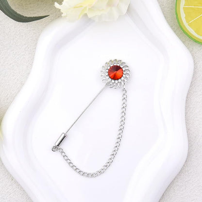 Mens Sunflower Lapel Pin Crystal Rhinestone Brooches for Men Hanging Chain Brooch Suit Pin Flower Lapel Pins for Men Wedding Business Party - color: Red-J