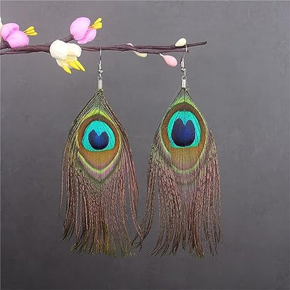 Peacock Feather Earrings for Women Native Handmade Lightweight Long Peacock Feather Boho Hook Earring Prom Party Festival Jewelry - color: Peacock Feather