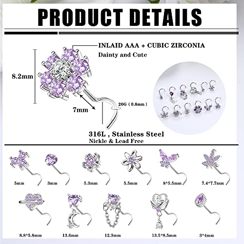 Sanfenly 12 PCS 20G Nose Rings Surgical Stainless Steel, L Shaped Nose Studs for Women Men, CZ Heart Butterfly Flower Leaf Moon Dangle Cute Nose Piercings Studs Screw Jewelry Pink/Purple/Blue/Clear - color: Screw Purple