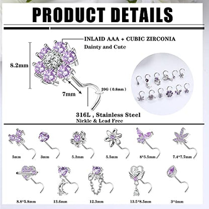 Sanfenly 12 PCS 20G Nose Rings Surgical Stainless Steel, L Shaped Nose Studs for Women Men, CZ Heart Butterfly Flower Leaf Moon Dangle Cute Nose Piercings Studs Screw Jewelry Pink/Purple/Blue/Clear - color: Screw Purple