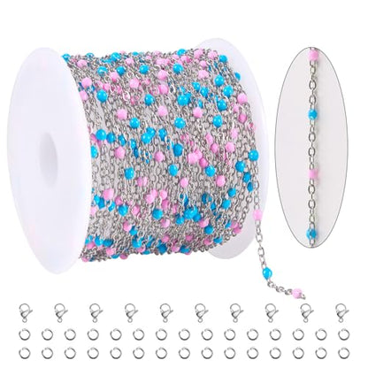 5M Pink and Blue Beaded Jewelry Chains for Crafts DIY with Clasps Supplies | Silver Cable Chain Spool on Bulk Stainless Steel Jewelry Making Chains for Handcraft Make - color: silver-blue pink