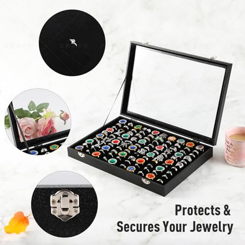 Pangkeep Ring Organizer Display Case,Black Jewelry Storage Tray Boxes for Multiple Rings,Glass Lid,Stackable. (100 Slots) - size: 100 Slots