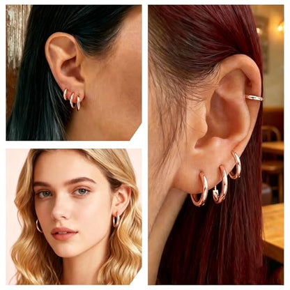 4 Pairs Small Gold Silver Huggie Hoop Earrings for Women Surgical Steel Set | 14K Gold Plated 316L Stainless Steel, 6/8/10/12 mm, Hypoallergenic, Lightweight, Mini Jewelry - color: Rose Gold/4 Pairs