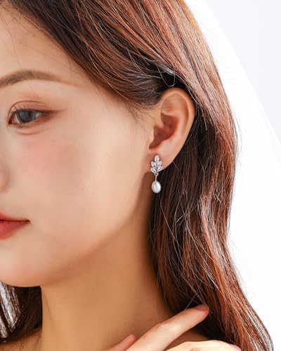 Pearl Earrings for Women, 14k Gold Plated Trendy Diamond Pearl Drop Earrings Bridal Shower Gifts Wedding jewelry for Women - color: Style A Silver