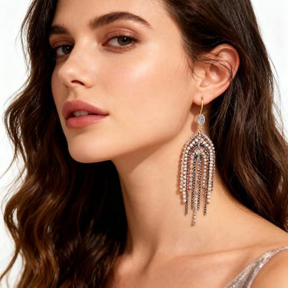 Fringe Dangling Tassel Earrings for Women, Handcrafted Chandelier Long Bohemian Beaded Cubic Zirconia Crystal Imitation Pearls Inlay Statement Boho Chain Hook Earrings for Wedding Party - color: Black