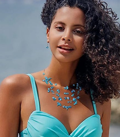 Multi-Layer Boho Shell Beaded Necklace for Women Colorful Crystal Strand with Silver Beads Statement Collars Necklace and Earrings Costumes Jewelry Sets for Women - color: 45-Turquoise