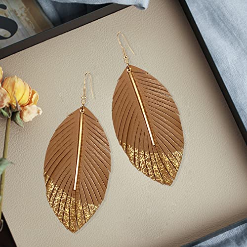 Bohemian Handmade Lightweight Color Large Genuine Soft Leather Fringe Feather Leaf Tear Dangle Drop Earrings for Women Statement - color: 2-Brown