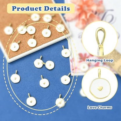 DanLingJewelry10Pcs White Heart Charms Flat Round with Heart Brass Enamel Charms for Jewelry Making Bracelet Earrings Necklace