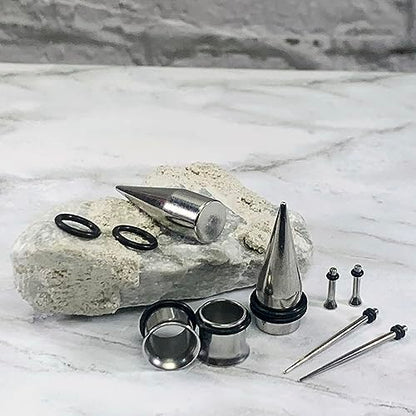 BodyJ4You 36PC Ear Stretching Kit - Complete Beginner Set 14G-00G | Gauges for Ears Stainless Steel Tapers Single Flare Plugs Tunnels - Dead Stretching Lobe Men Women Expander - color: Silvertone, Single Flare