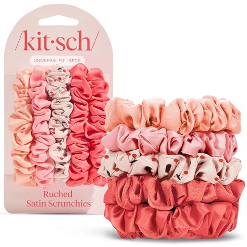 Kitsch Ultra-Petite Satin Scrunchies for Women - Cherry Blossom, 5pcs | Wake Up Frizz-Free, No Crease Hair Ties, Softer Than Silk Scrunchies, Stylish Hair Accessories For All Hair Types - color: Assorted Cherry Blossom