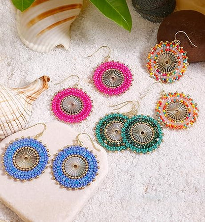 Colorful Bead Earrings For Women Summer Beach Handmade Bead Earrings Bohemia Hoop Dangle Earring For women - color: Pink