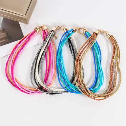 Colorful Multi-layered Seed Beaded Necklace Choker For Women Bohemian Handmade Crystal Stone Gemstone Hawaiian Necklace Holiday Birthday Summer Beach Jewelry Gift - color: Pink