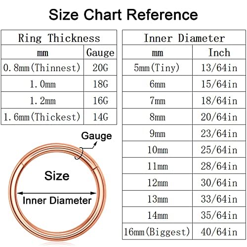 Nose Rings for Women, Gold Hypoallergenic Nose Ring Hoop, 316L Surgical Steel Septum Cartilage Earring, 20G 18G 16G 14 Guage Diameter 5mm to 16mm Body Piercing Lip Jewelry - color: Rose Gold Plated, size: Inner Diameter: 8 mm