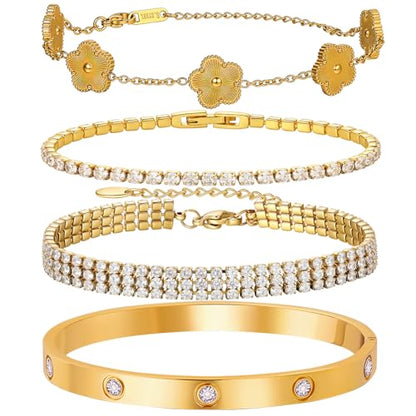 18 K Gold Plated Love Bangle Bracelet Stack for Women,Set of 4 Floral Clover Chain, Tennis Crystal &Gold Stackable Bangle Bracelet -Adjustable Layered Jewelry Gift for Wife Valentines Mother's Day-MVCOLEDY - color: Gold and White CZ