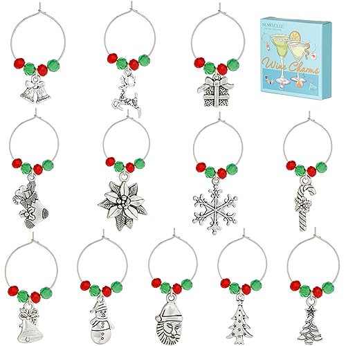 SUNNYCLUE 1 Box 12 Sets Christmas Wine Charms Silver Wine Glass Identication Charm Red Green Beads Brass Beading Hoops Rings Snowman Snowflake Party Drink Markers for Stemless Glasses - style: 12 Sets Silver Tone Christmas Wine Charms & Upgraded Gift Box