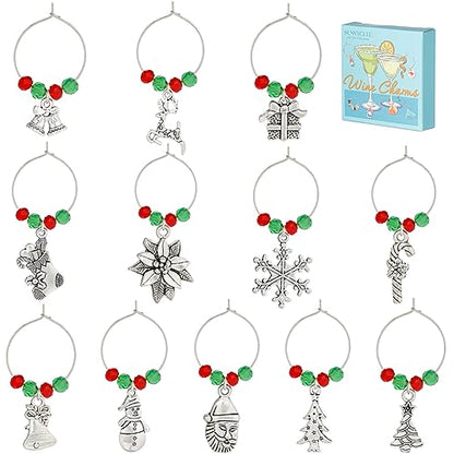 SUNNYCLUE 1 Box 12 Sets Christmas Wine Charms Silver Wine Glass Identication Charm Red Green Beads Brass Beading Hoops Rings Snowman Snowflake Party Drink Markers for Stemless Glasses - style: 12 Sets Silver Tone Christmas Wine Charms & Upgraded Gift Box