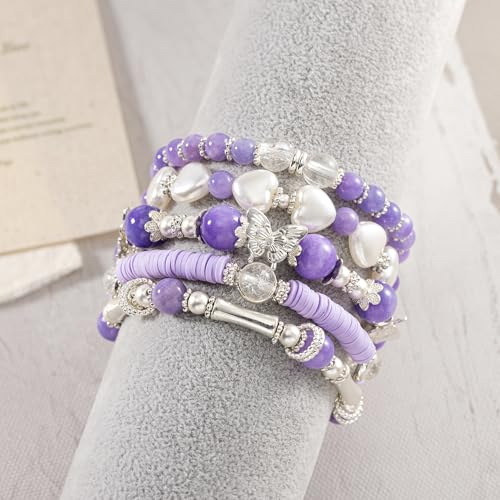 Besydec Stackable Boho Beaded Bracelets With Natural Stone & Pearl Heart & Clay Beads for Women,Adjustable Silver Jewelry - color: Purple