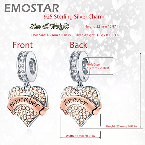EMOSTAR Jan-Dec Birthstone Charms fits European Birthday Bracelet, Dangle 925 Sterling Silver Heart Shaped Pendant with 12 Months Birthstones, Gifts for Mom/Women - color: November Birthstone