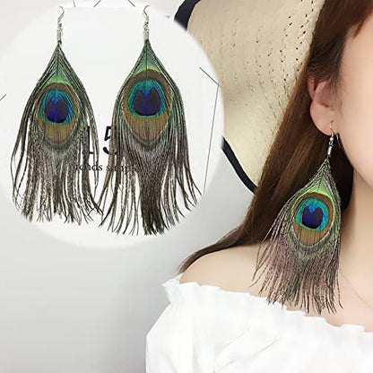 Peacock Feather Earrings for Women Native Handmade Lightweight Long Peacock Feather Boho Hook Earring Prom Party Festival Jewelry - color: Peacock Feather