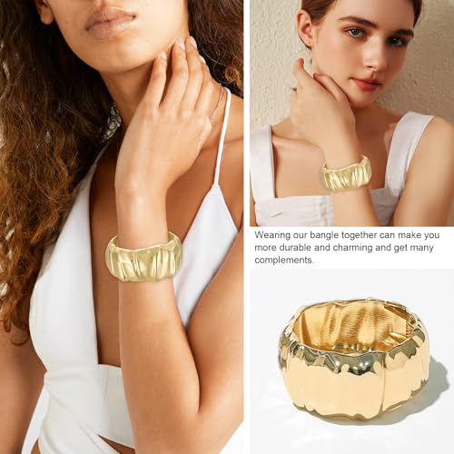 YBMYCM Chunky Gold Cuff Bangle Bracelets for Women Wide Gold Bangle Hammered Open Wrist Cuff Bracelets Wrap Bracelet - style: H-Gold