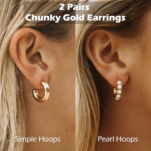 NIXMAX Gold/Silver CZ Dangle Hoop Earrings Set for Women Drop Earrings | 14K Gold Silver Plated，Cartilage Earrings Stack Set for Multiple Piercing,Huggie Earrings,Hypoallergenic,Jewelry Gifts - style: GD-pearl hoop set-2 Pairs
