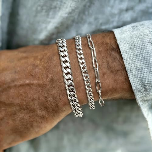 Mens Bracelet - Dainty Gold/Silver Chain Bracelet Stack 14K Gold Plated Silver Bracelets for Men Stainless Steel Adjustable Cross Charm Cuban Link Bracelet Snake Jewelry Set to Men Dad Birthday Day - color: S4, size: 8+2 Inch