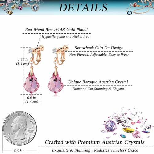 Austrian Crystal Baroque Drop Clip On Dangle Earrings for Women Non Pierced 14K Rose Gold Plated Hypoallergenic Jewelry - color: Pink