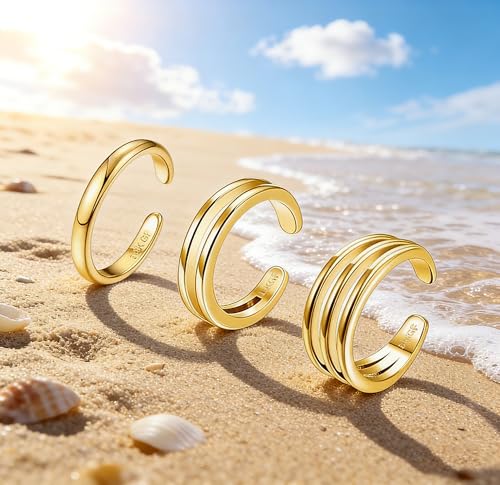 3Pcs Gold Toe Rings for Women,Trendy CZ Flower Toe Rings Silver Open Adjustable Band Ring Summer Foot Jewelry Accessories - color: gold