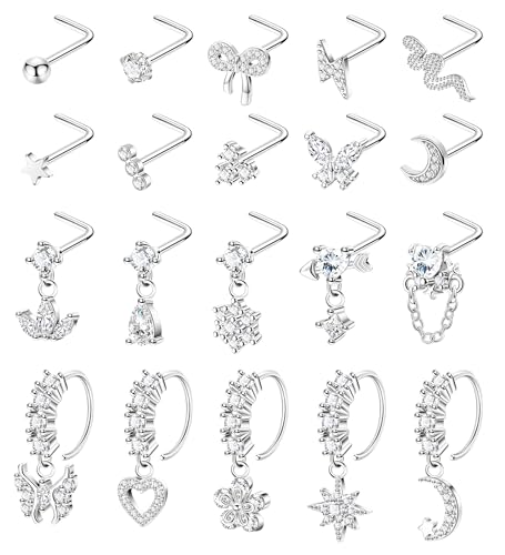 20Pcs 20G Dangle Nose Rings for Women Surgical Steel L Shaped Dangling Nose Studs Dainty Nose Ring Hoop Set CZ Heart Flower Butterfly Moon Nose Piercing Jewelry - color: Silver Clear Nose Rings