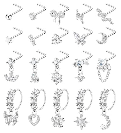 20Pcs 20G Dangle Nose Rings for Women Surgical Steel L Shaped Dangling Nose Studs Dainty Nose Ring Hoop Set CZ Heart Flower Butterfly Moon Nose Piercing Jewelry - color: Silver Clear Nose Rings