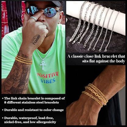 REVOLIA 8Pcs Stainless Steel Chain Bracelets for Men Women Cuban Link Bracelets Paperclip Figaro Rope Chain Bracelets Set 6.8-9 Inches - color: Gold
