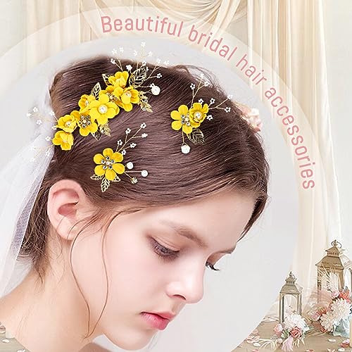 Cinaci 18 Pieces Bridal Wedding Party Prom Pearl Rhinestone Yellow Flower Hair Side Combs Slides+U-shaped Flower Hair Pins+Twist Spiral Hairpins Floral Headpieces for Brides Bridesmaids Women Girls - color: Yellow