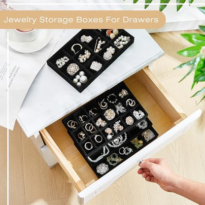 12 Pcs Jewelry Tray Velvet Stackable Jewelry Organizer Trays Divided Earring Accessories Storage Containers Box (Rose Red) - color: Black