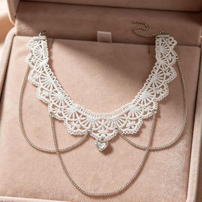 Lace Heart Choker Necklace, Multi-Layer Tassel Gothic Lolita Jewelry | Lace choker with heart pendant and multi-layer tassels. Romantic gothic aesthetic, perfect for lolita or edgy party looks.